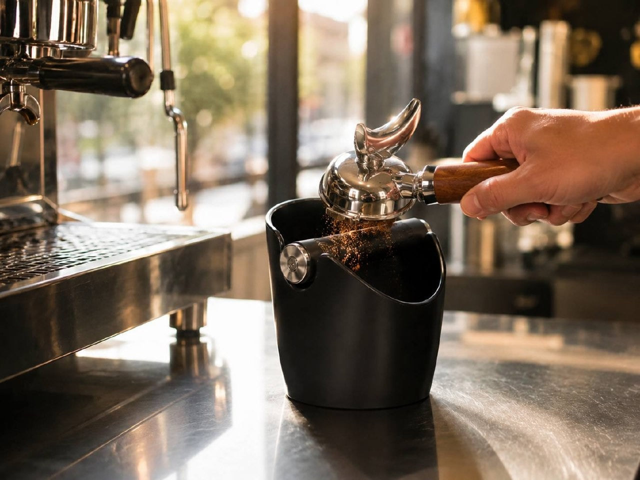A barista knocking out used coffee grounds from a wooden portafilter into a matte black espresso knock box on a coffee shop counter.
