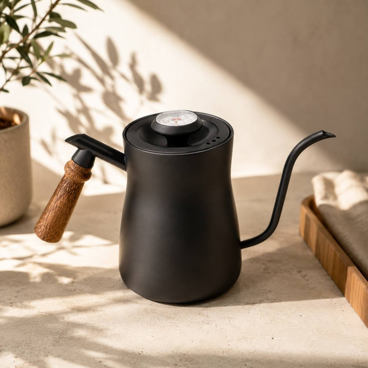 Matte black gooseneck coffee kettle with a built-in lid thermometer and an ergonomic wooden handle on a beige concrete countertop.