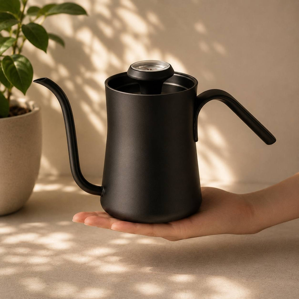 Matte black stainless steel gooseneck coffee kettle with a built-in lid thermometer, held in a person's hand