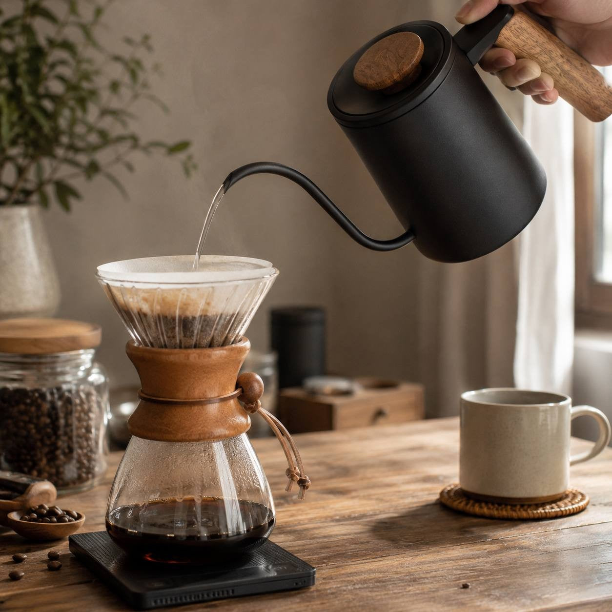 Pouring water from a matte black gooseneck kettle with a wooden handle into a glass pour-over decanter with a paper filter.
