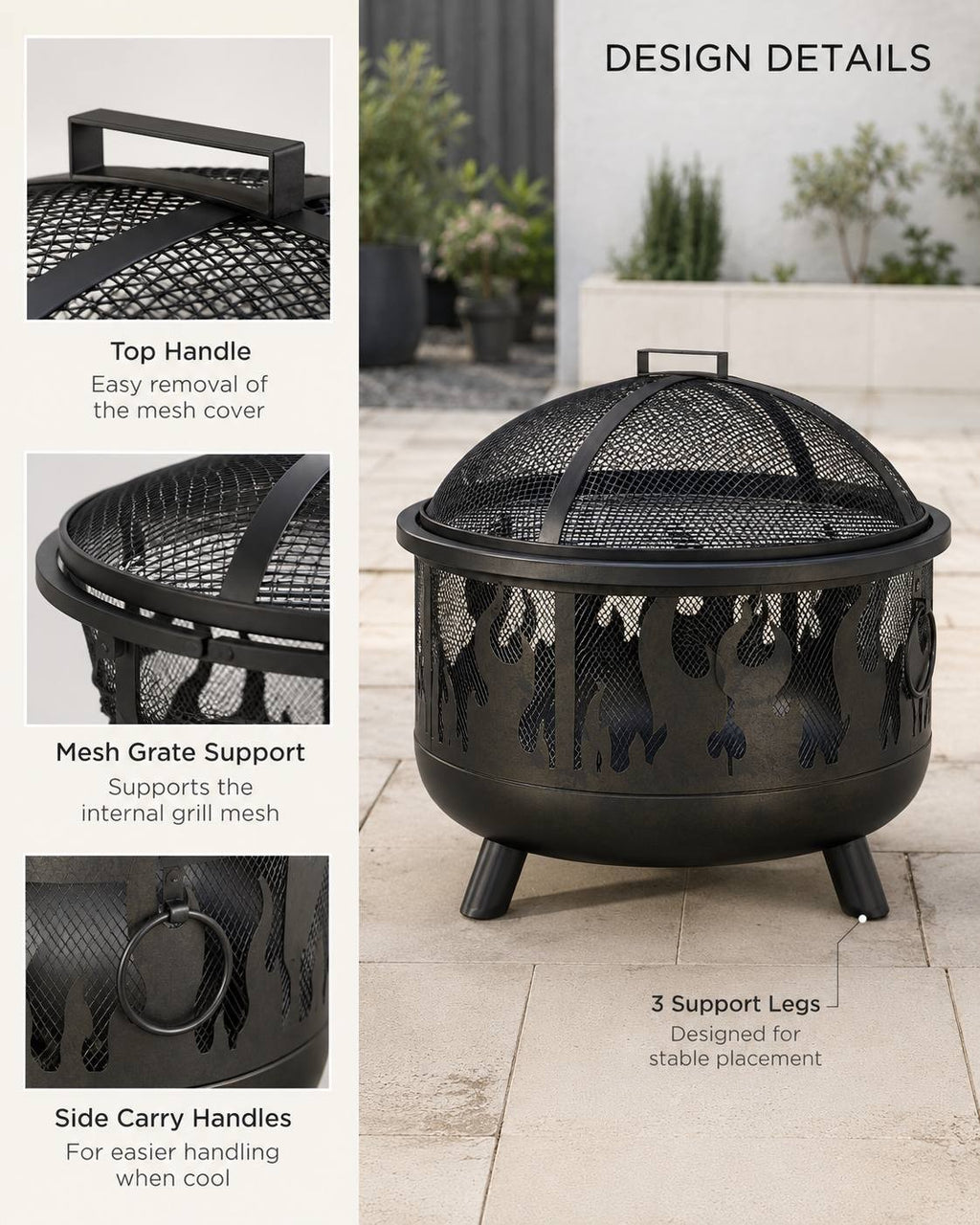 Informational image showing detailed close-ups of a black metal fire pit, including the top mesh handle, mesh grate support, side carry handles, and three support legs.