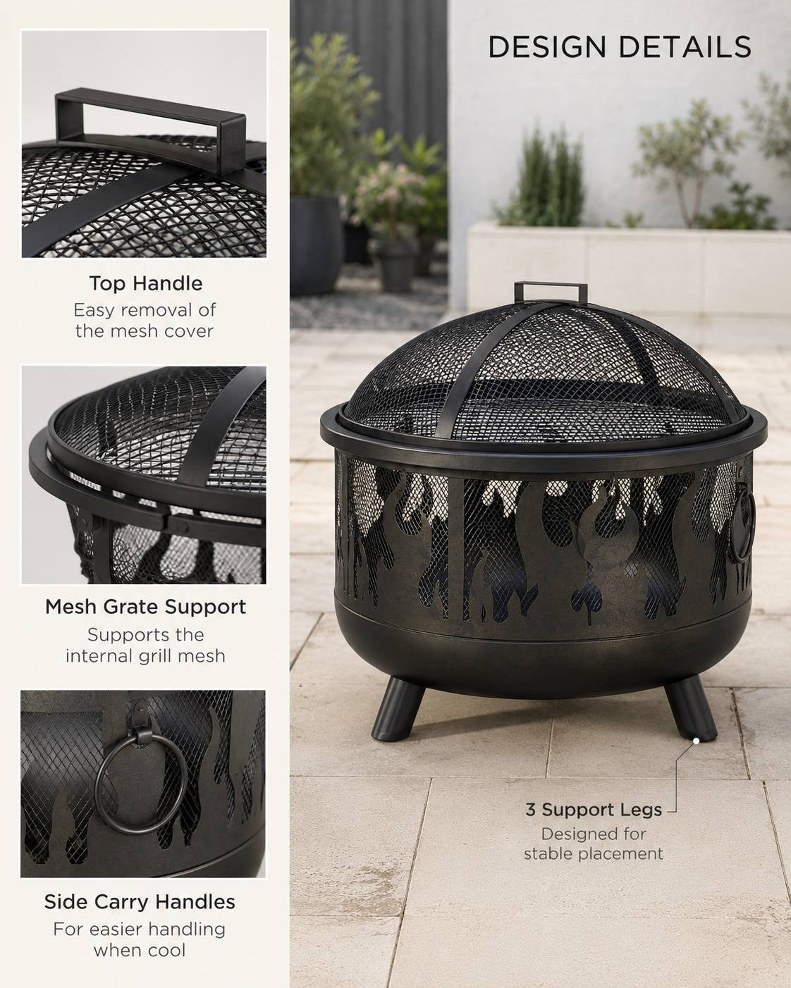 Informational image showing detailed close-ups of a black metal fire pit, including the top mesh handle, mesh grate support, side carry handles, and three support legs.