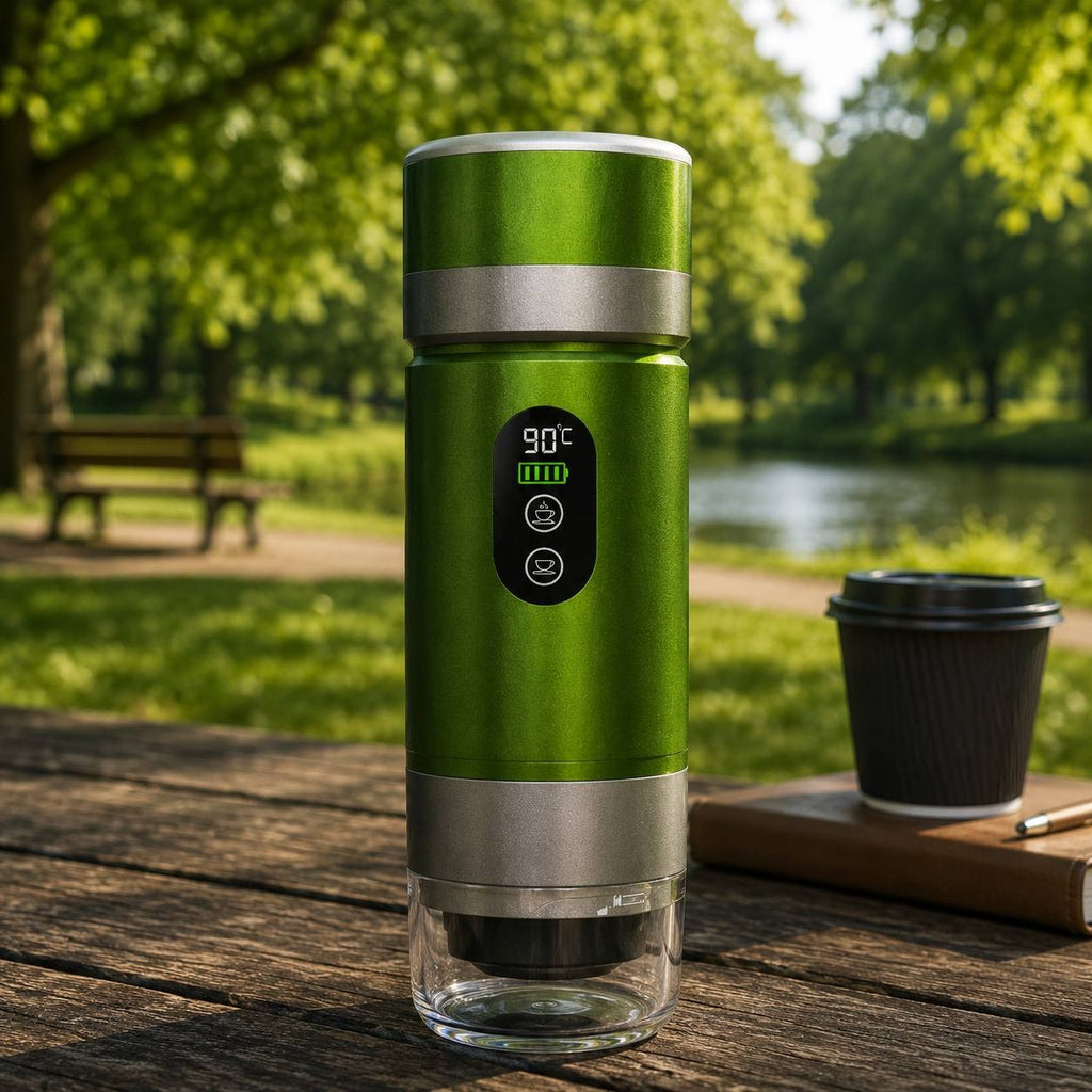 Metallic green portable electric espresso maker with battery indicator screen on a wooden table outdoors next to a paper coffee cup.