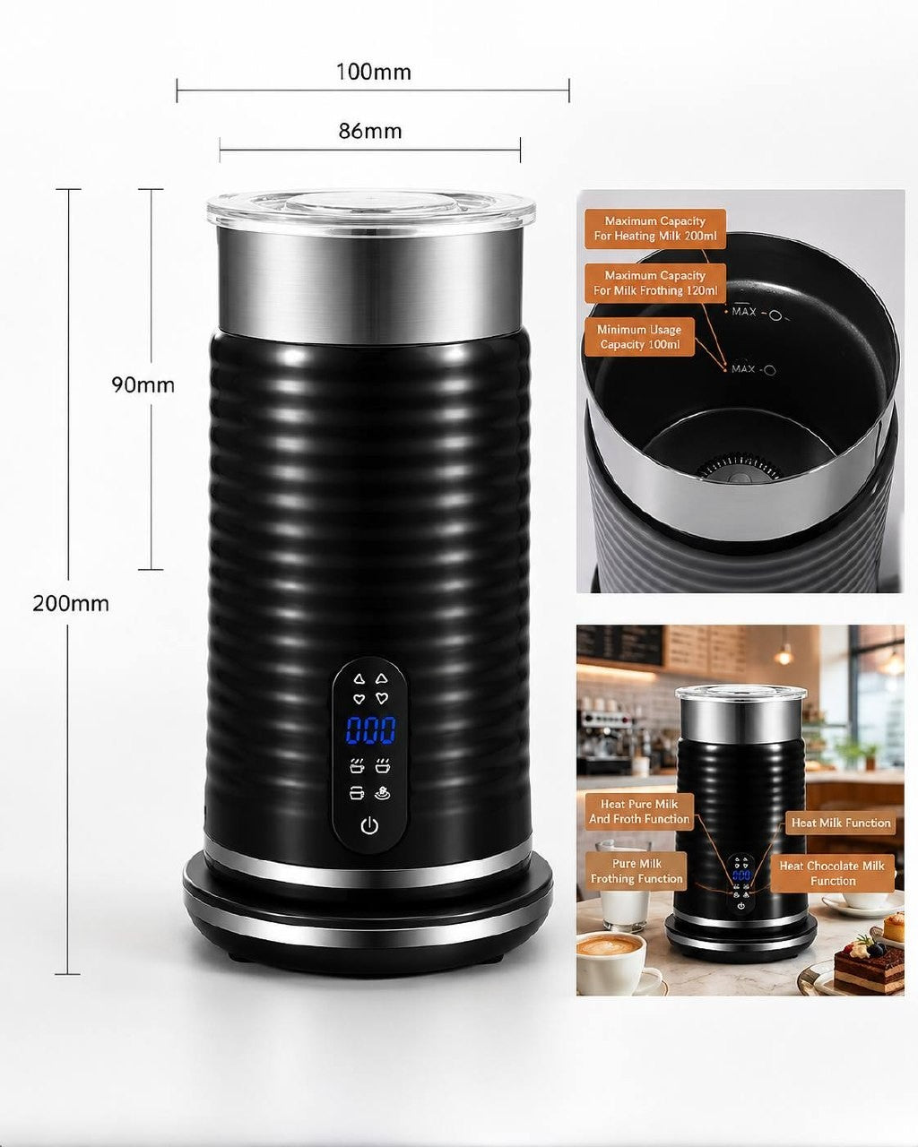 Technical view showing the height and capacity markings inside the electric milk frother cup.