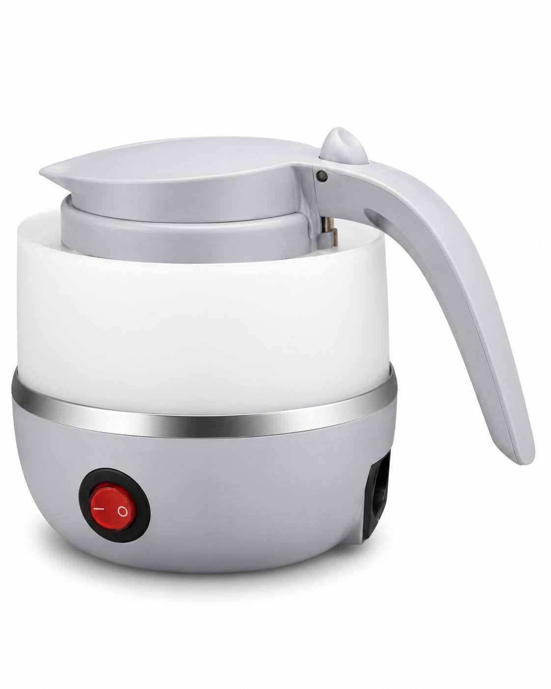 Compact, grey collapsible electric kettle for travel, partially folded, showing the power button.