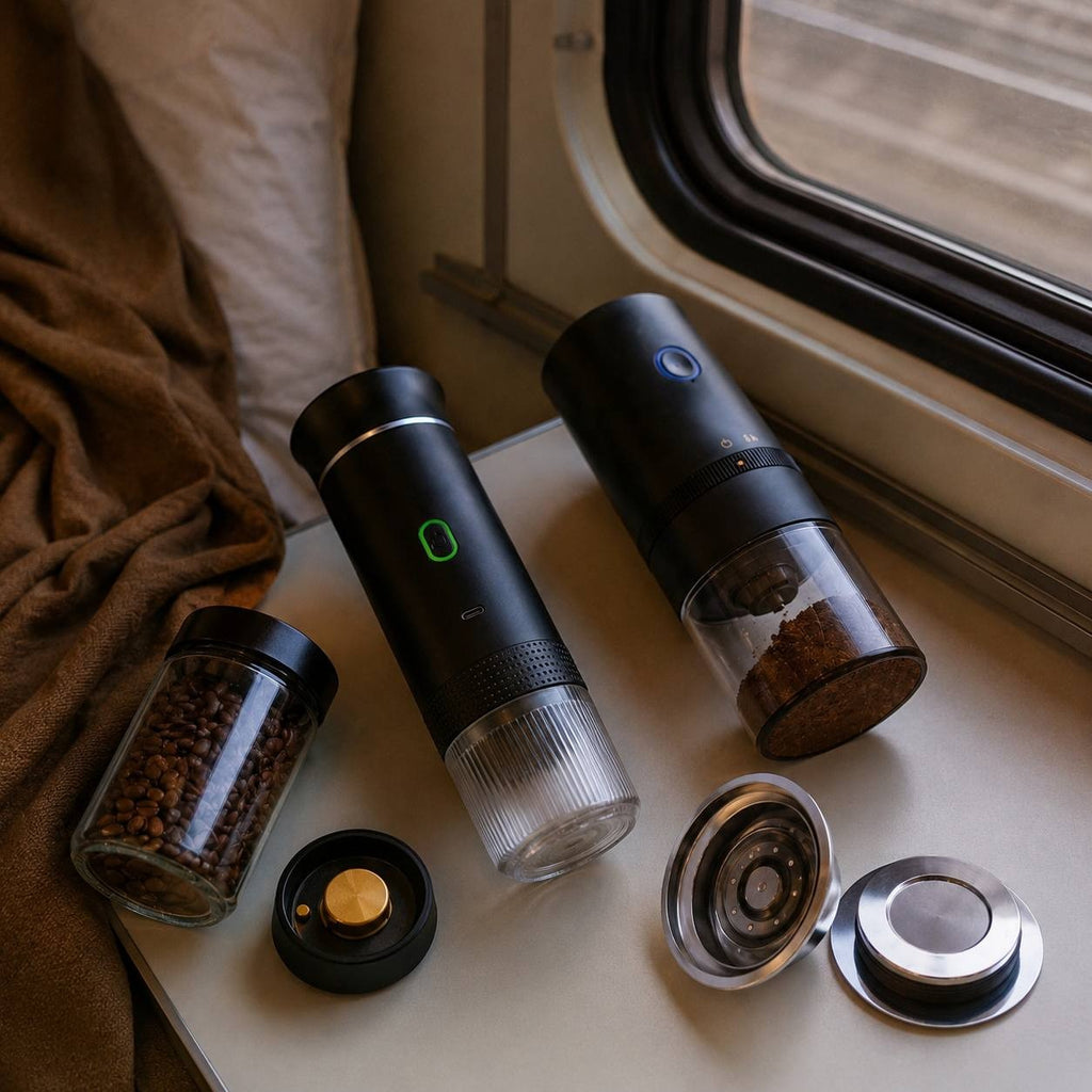 Mobile coffee kit on a train table by the window featuring a portable electric espresso maker, automatic grinder, vacuum jar, and steel capsule lids.