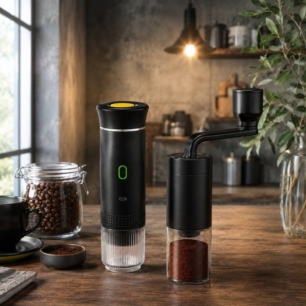 Loft kitchen counter setting with a portable electric espresso maker, a manual coffee grinder, and a large glass jar filled with coffee beans.