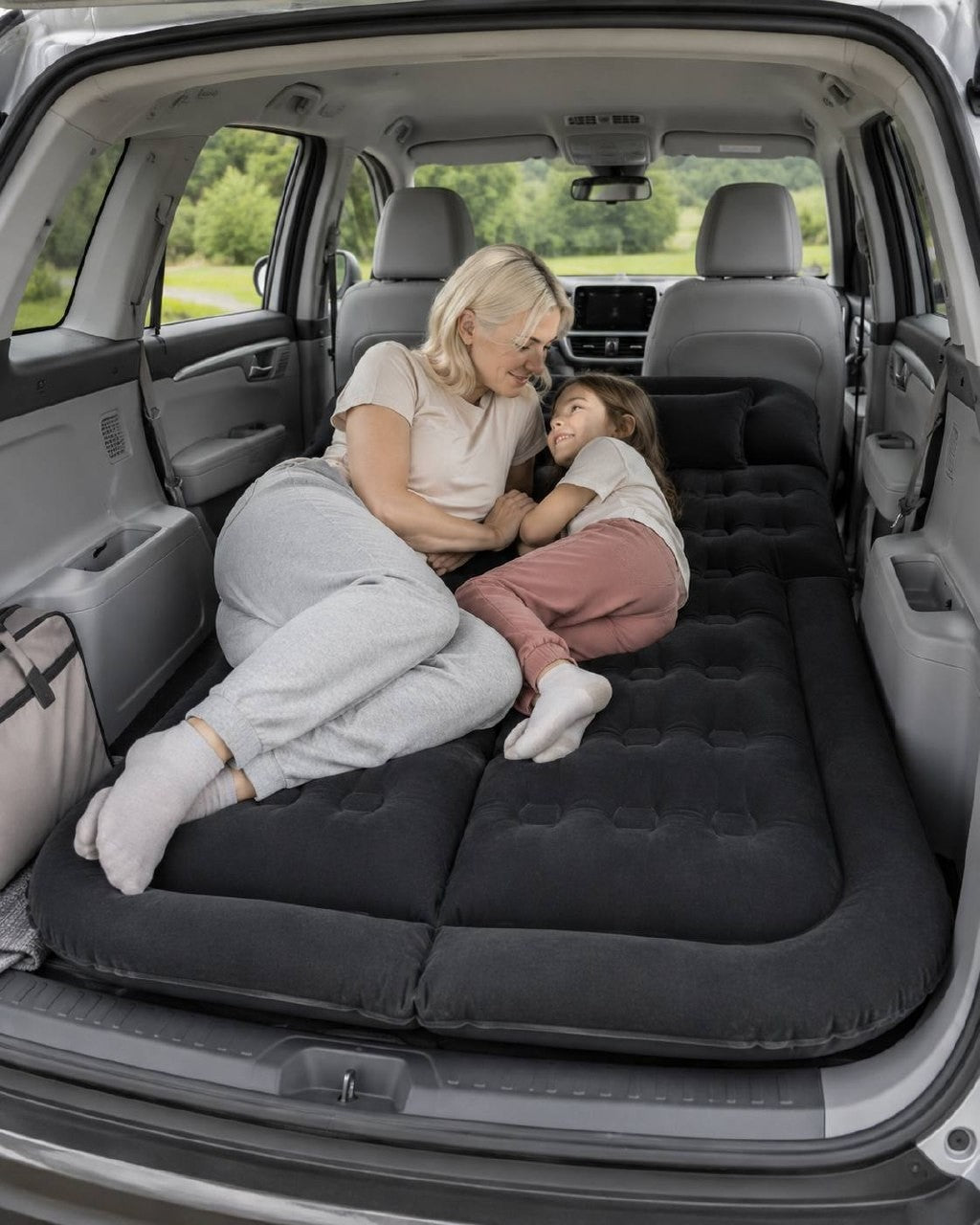 A mother and her young daughter lying down and talking on a black inflatable car mattress installed in the back of an SUV.