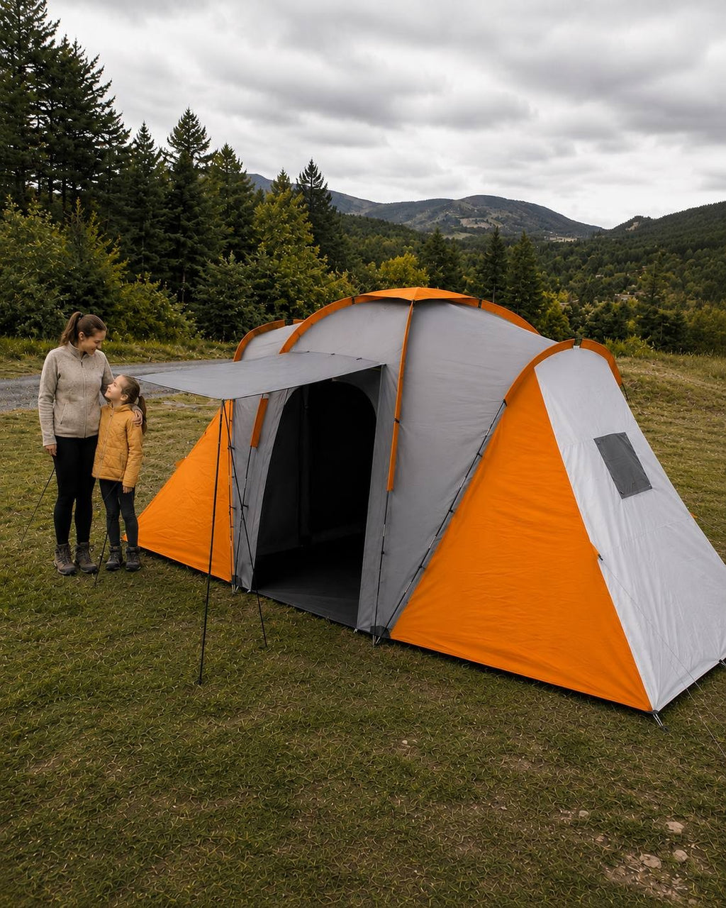 Woman and a young girl standing together on a grassy area next to a large orange and grey multi-room camping tent with an extended canopy, with a forest and hills in the background.