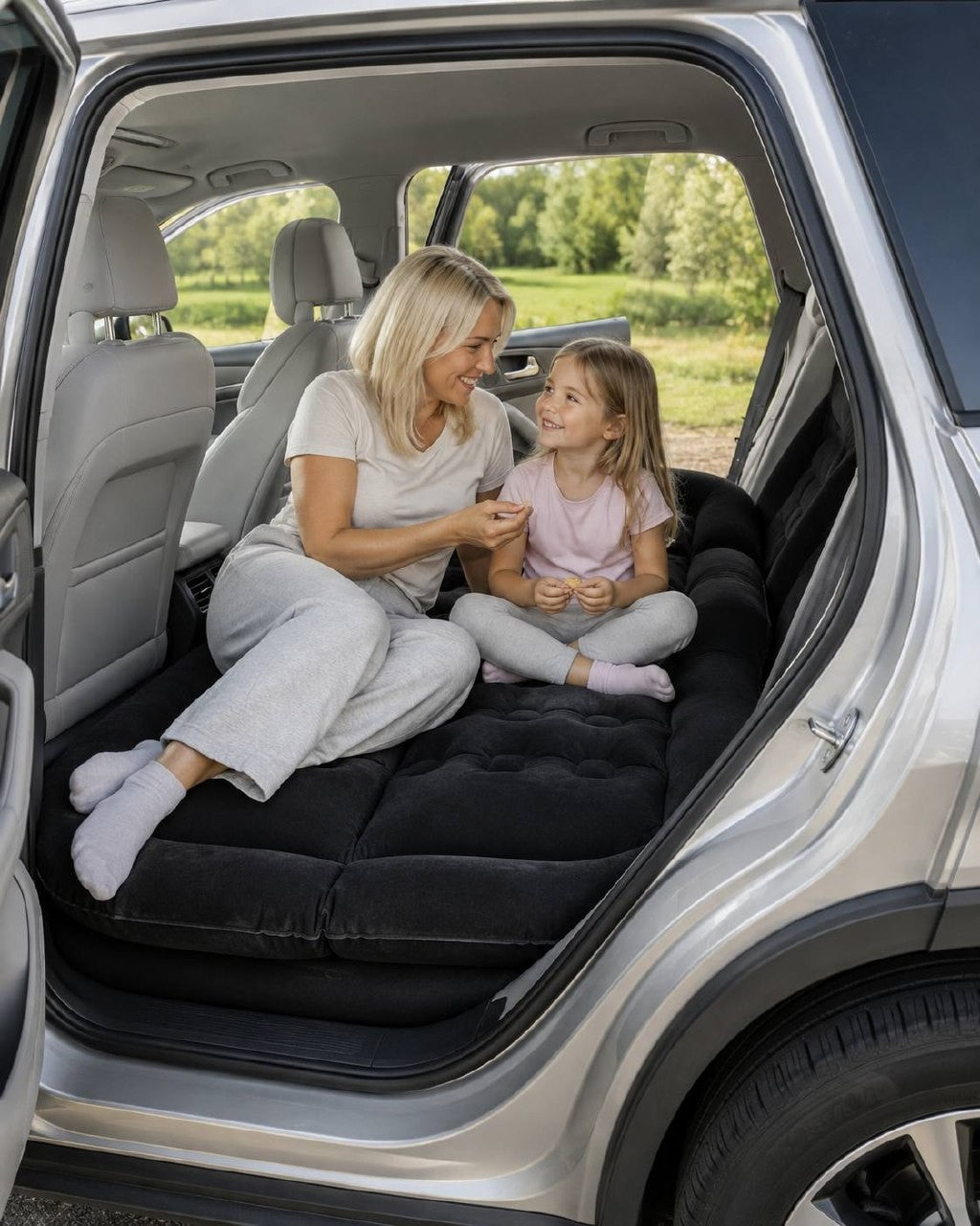 A mother embracing her sleeping son on a black inflatable mattress in the rear trunk of a vehicle.