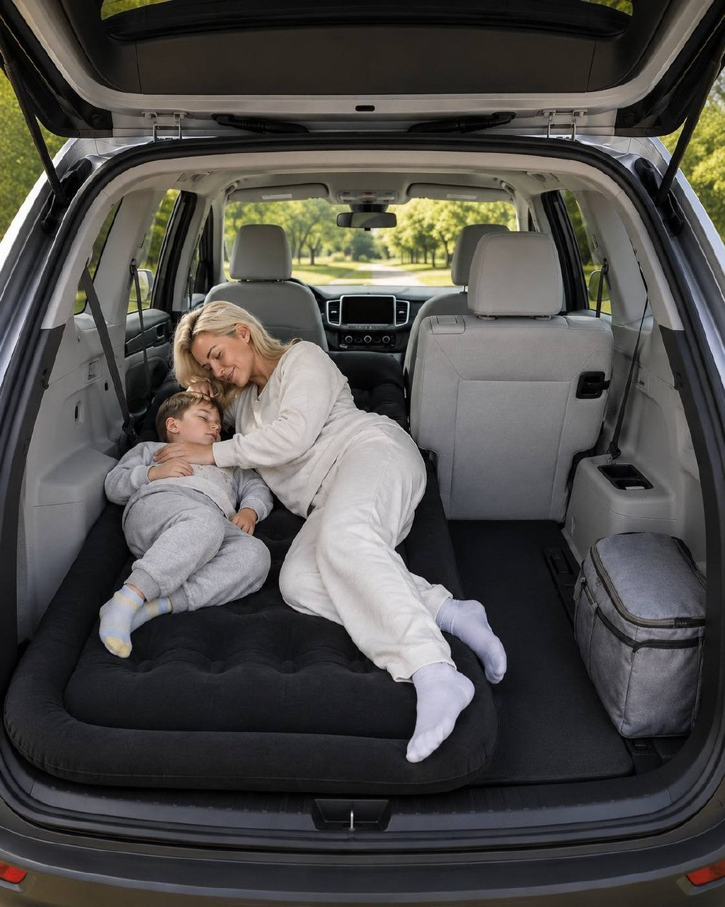 A woman and a child relax on a black inflatable air mattress set up in the open trunk of a vehicle, with the rear hatch and seats folded down. The scene is photographed from inside the vehicle, with trees visible outside.