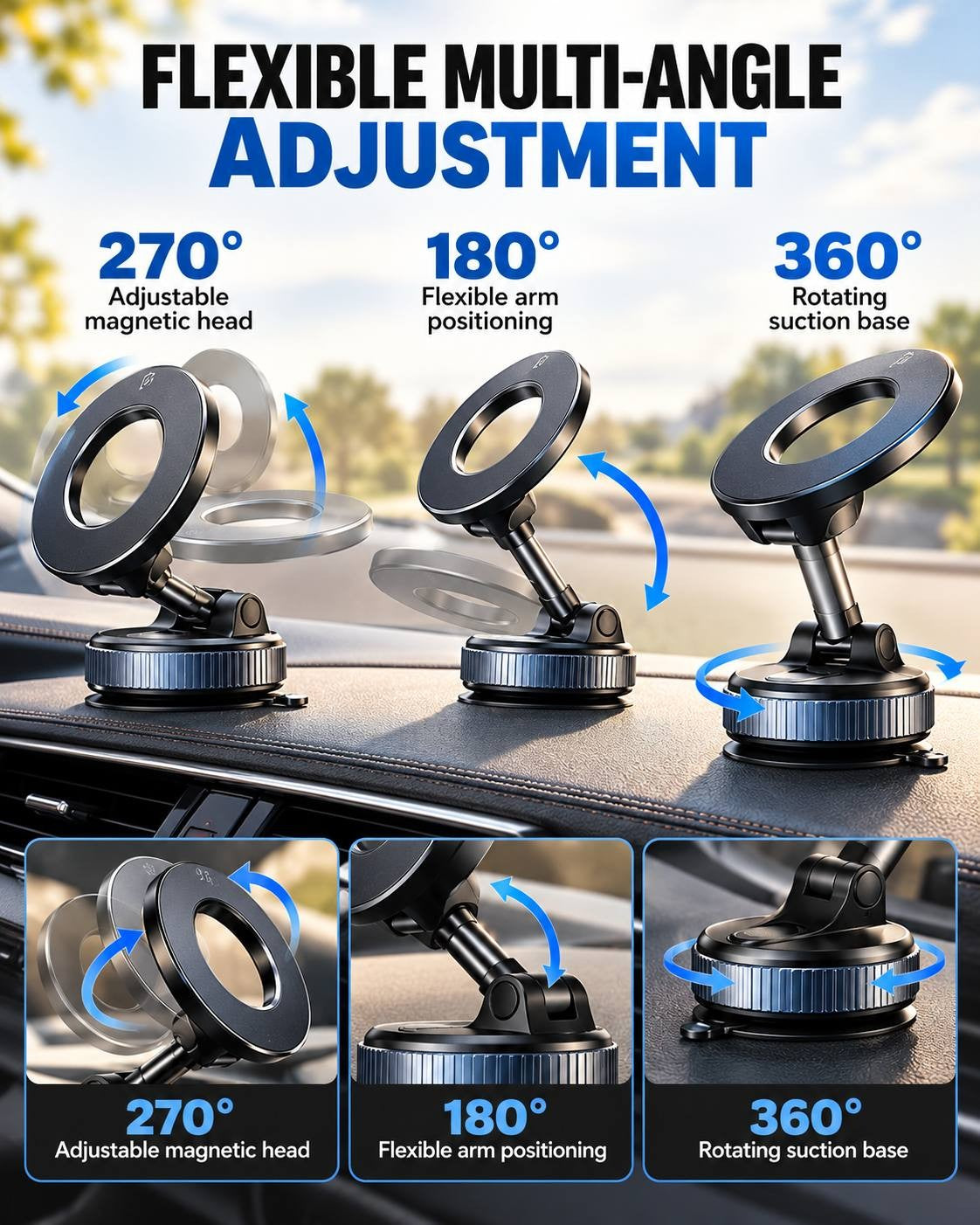 Infographic demonstrating flexible multi-angle adjustments of a car phone holder: 270-degree magnetic head tilt, 180-degree arm positioning, and 360-degree rotating base.