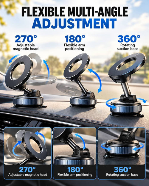 Infographic demonstrating flexible multi-angle adjustments of a car phone holder: 270-degree magnetic head tilt, 180-degree arm positioning, and 360-degree rotating base.
