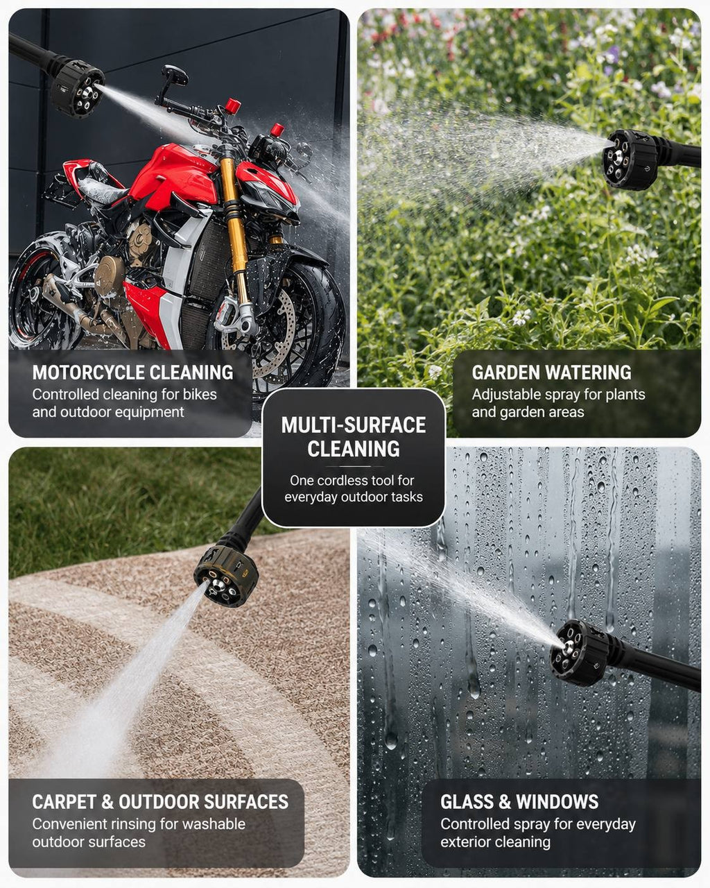 Four-panel image demonstrating multi-surface cleaning applications for the cordless pressure washer, including washing a red motorcycle, watering garden plants, cleaning outdoor surfaces, and rinsing glass windows.