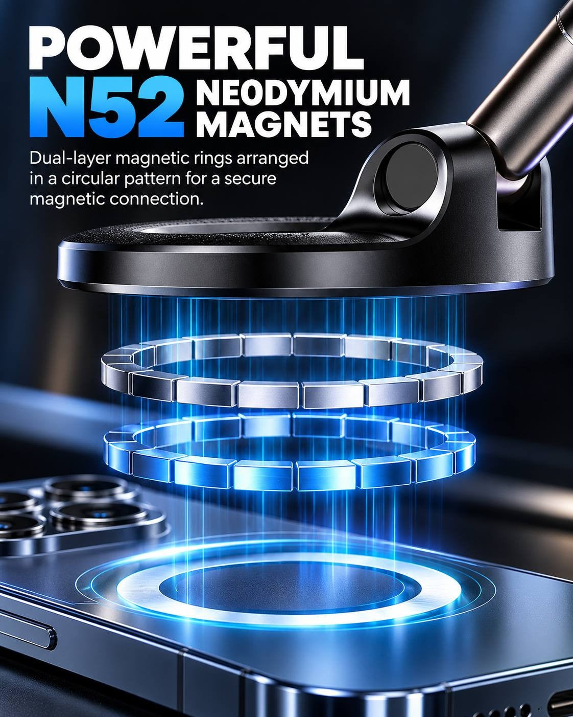 Exploded diagram illustrating dual-layer N52 neodymium magnetic rings arranged in a circular pattern inside a car phone holder for secure MagSafe attachment.