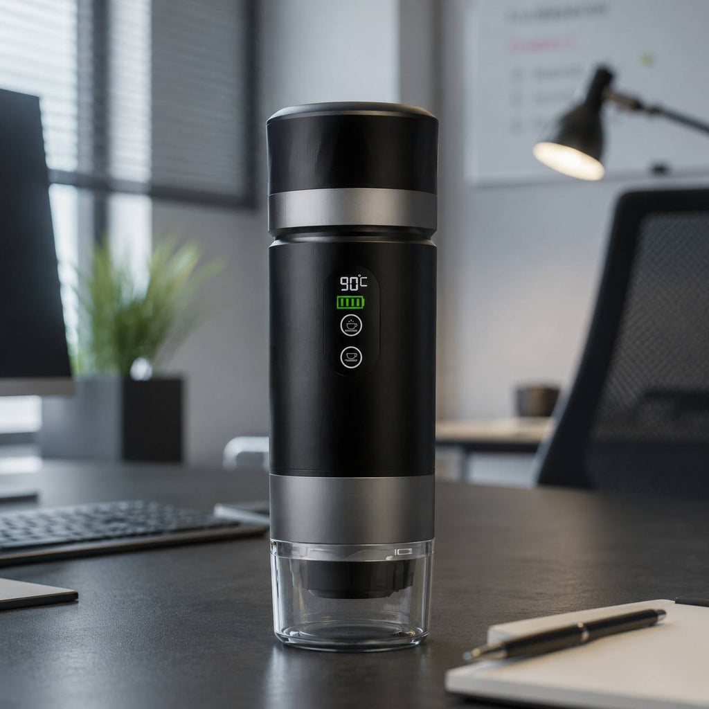 Black and silver portable electric espresso maker standing on a modern office desk with a computer blur in the background.