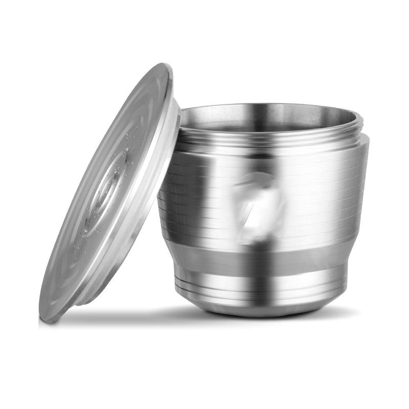 Stainless steel coffee capsule with lid.