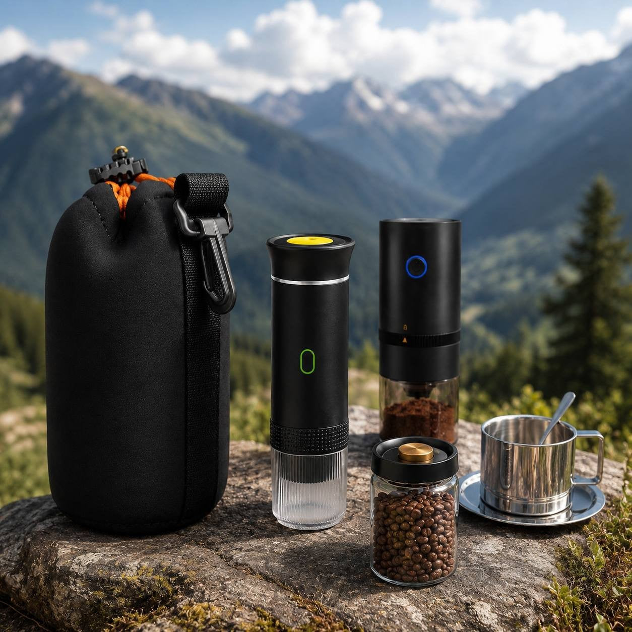 Outdoor travel coffee kit showcased on a rock with scenic high mountains and pine trees background under a cloudy blue sky.