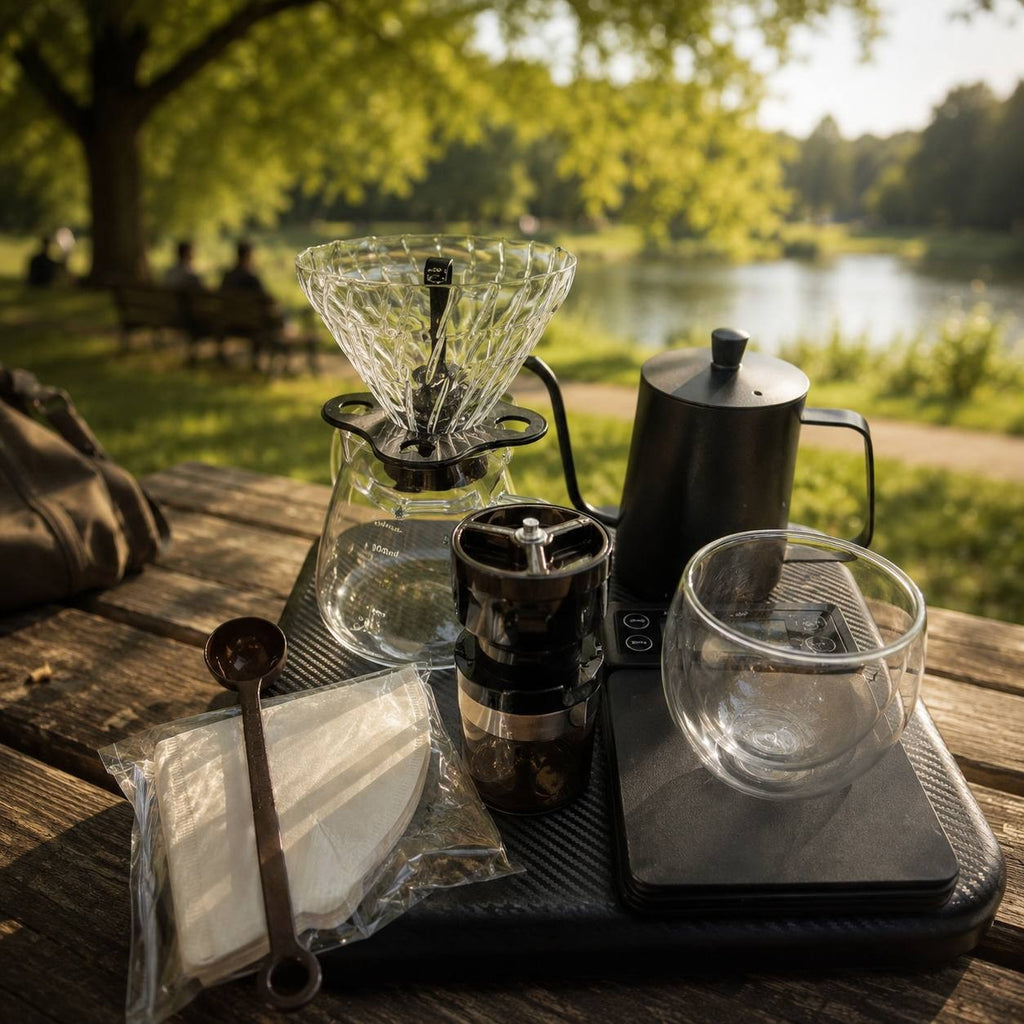 Brewing pour-over coffee on a wooden park table using a glass V60 dripper, decanter, manual grinder, and digital scale with a lake background.