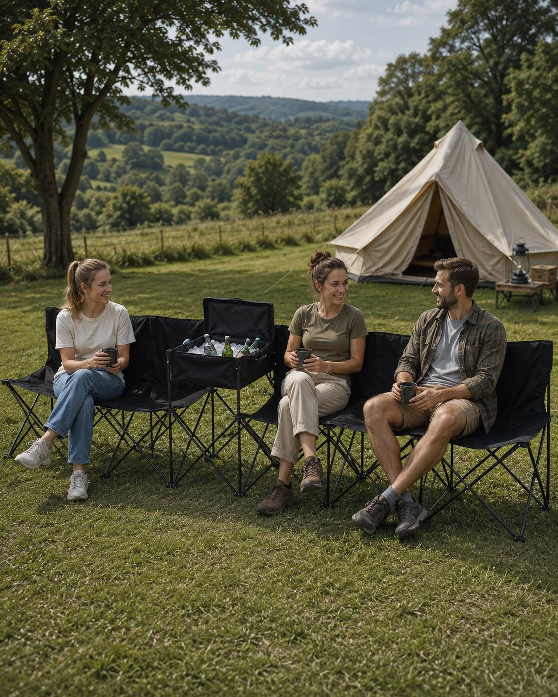 Three people sitting on black folding outdoor benches holding cups, with an open built-in cooler filled with ice and bottles in the central table at a campsite.