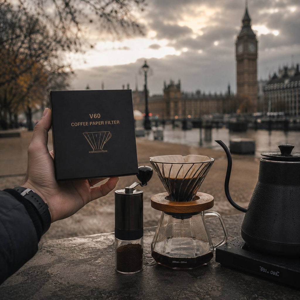 A hand holding a box of coffee paper filters next to a glass coffee dripper, grinder, and kettle outdoors.