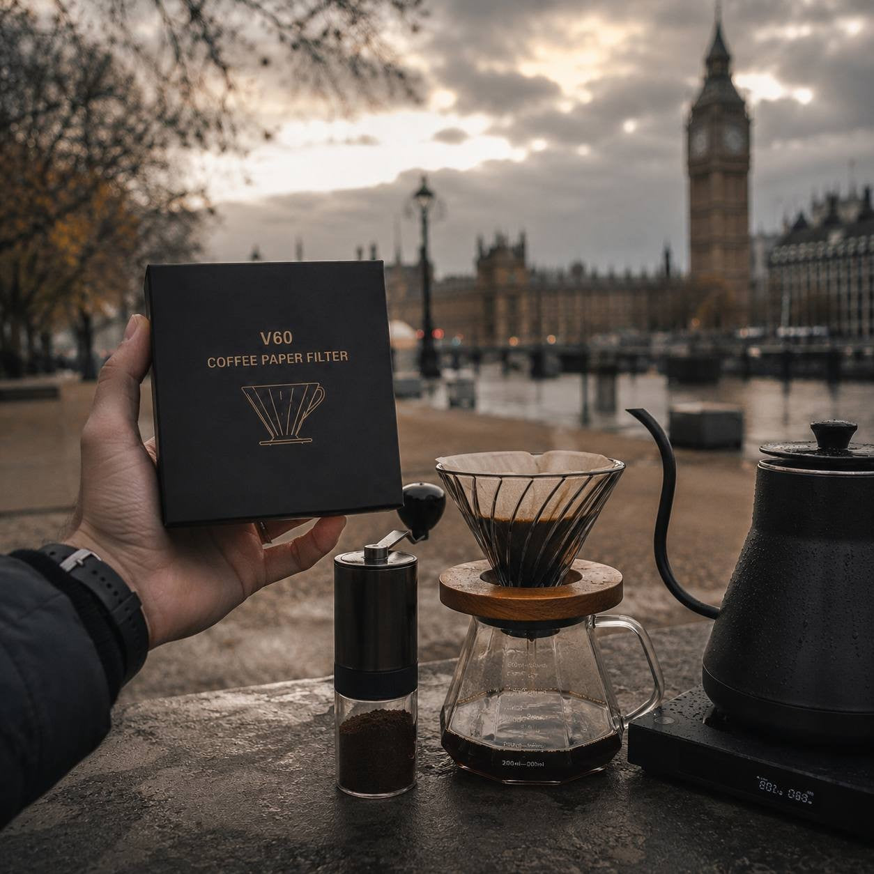 A hand holding a box of coffee paper filters next to a glass coffee dripper, grinder, and kettle outdoors.