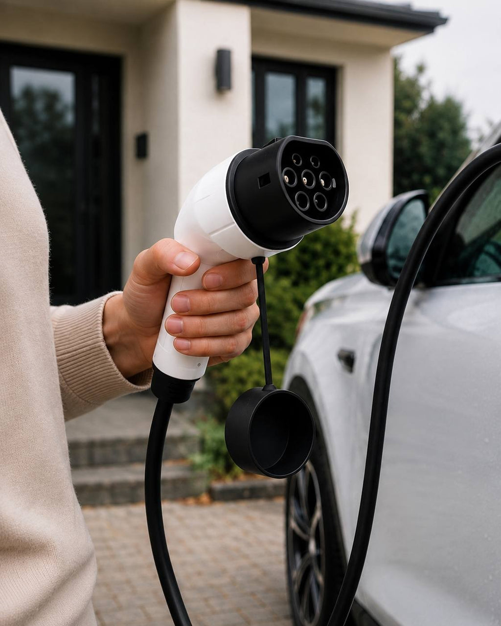 Close-up of a person's hand holding a white and black Type 2 electric vehicle charging connector outdoors near a white car and a modern house.