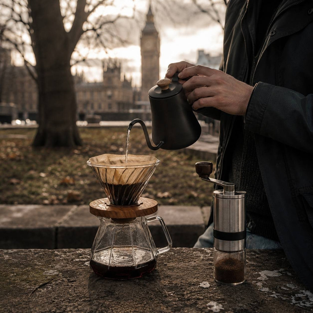A person pouring water from a gooseneck kettle into a glass coffee dripper outdoors with a city building in the background.