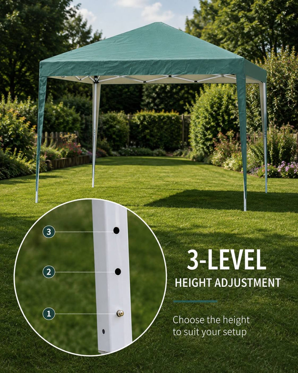 Close-up of a telescopic gazebo leg showing pin-lock holes for 3-level height adjustment set up on a green lawn.