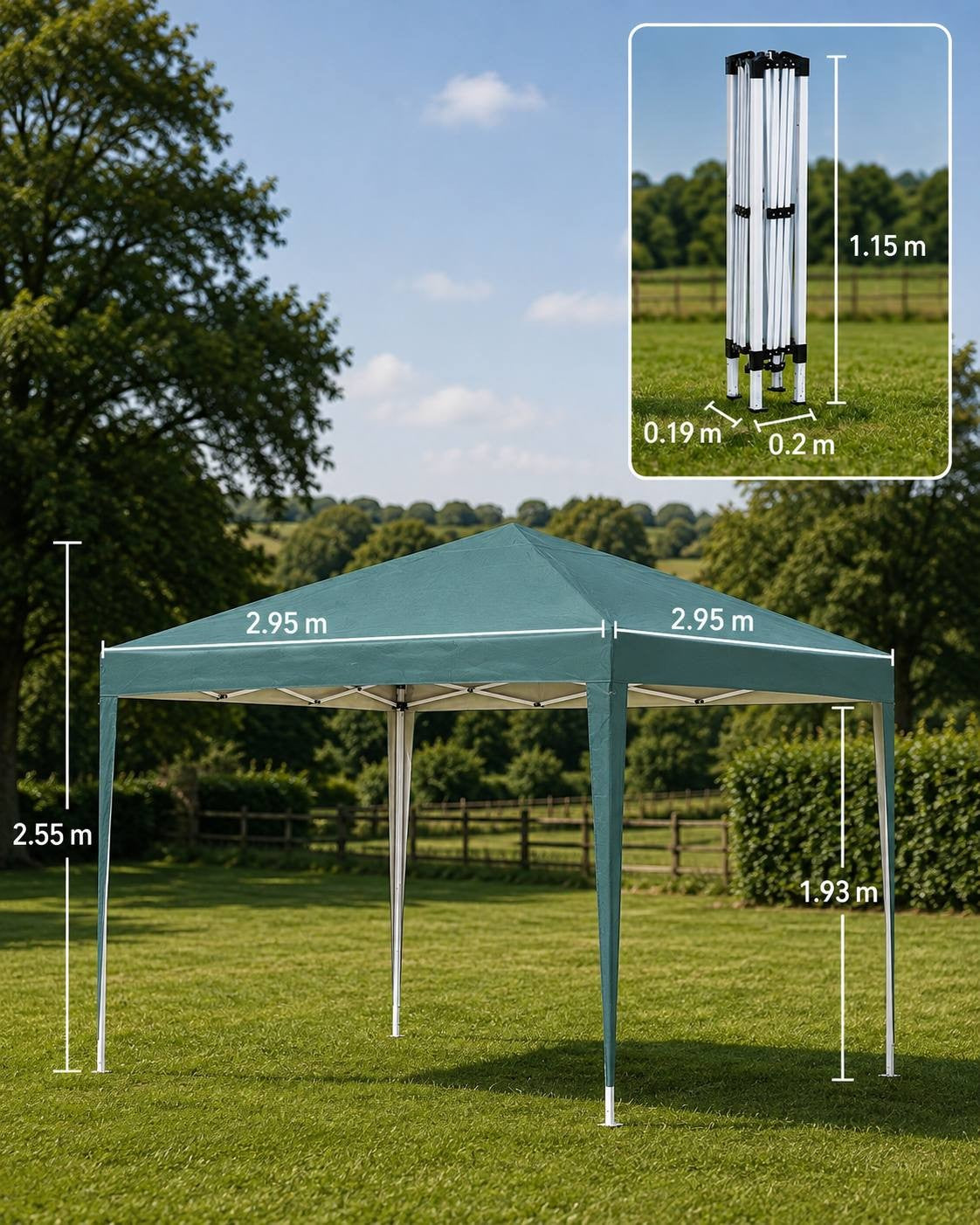 Infographic showing the dimensions of a green pop-up gazebo, including a canopy width of 295 cm, height of 255 cm, clearance height of 193 cm, and folded dimensions of 19x20x115 cm.