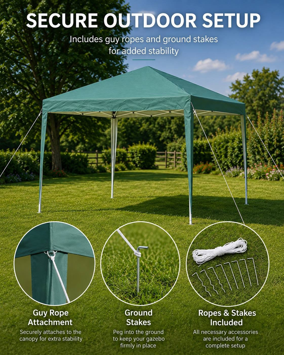 Green pop-up gazebo set up on a lawn, featuring inset close-up images of a guy rope attachment, ground stakes, and included ropes and pegs.