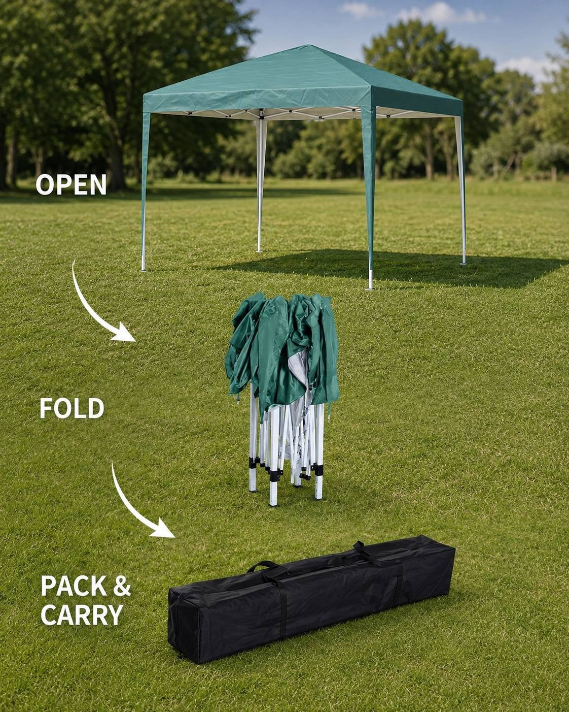 Demonstration of the gazebo folding process showing the open tent, the partially collapsed frame with fabric, and the packed black carry bag on the grass.