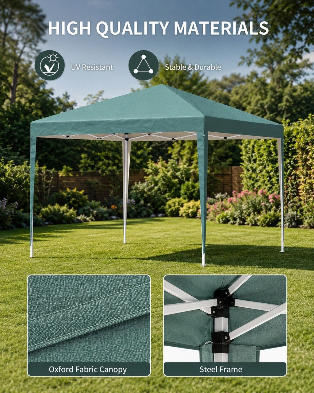Close-up views of the green Oxford fabric canopy texture and the white steel frame joint mechanism of an outdoor gazebo.
