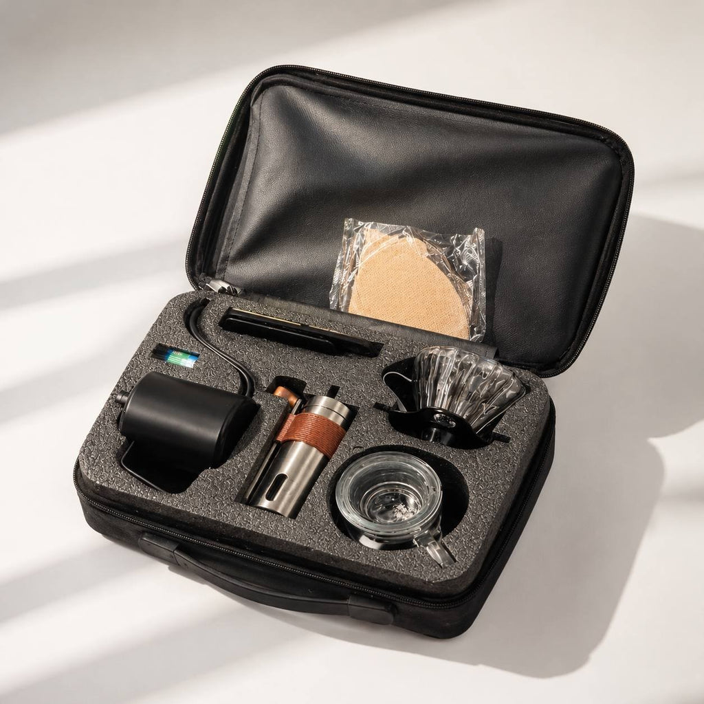 Portable 5 piece manual coffee-brewing kit travel case.