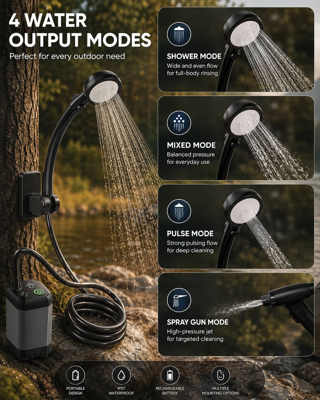 Infographic detailing the four water output modes of a portable camping shower: shower mode, mixed mode, pulse mode, and spray gun mode.