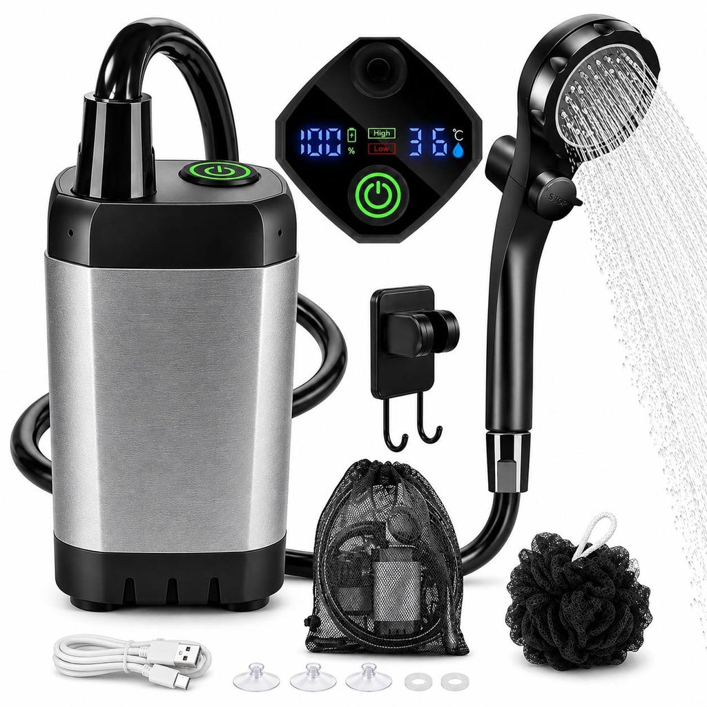 Complete portable camping shower kit with a grey water pump, shower head, digital control screen, charging cable, and accessories arranged on a light surface.