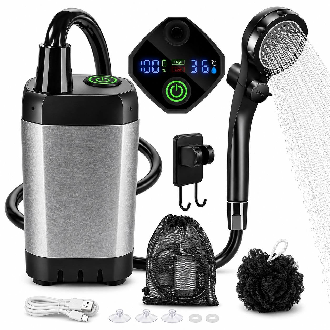 Complete portable camping shower kit with a grey water pump, shower head, digital control screen, charging cable, and accessories arranged on a light surface.