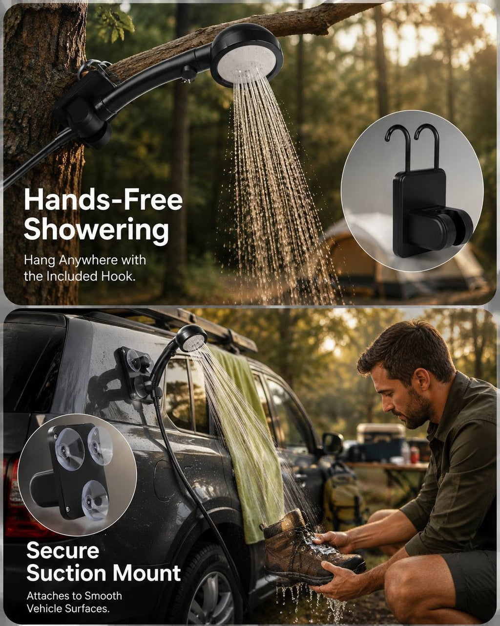 Portable camping shower shown mounted to a tree branch with a hook and attached to a car window with a suction mount while washing boots.