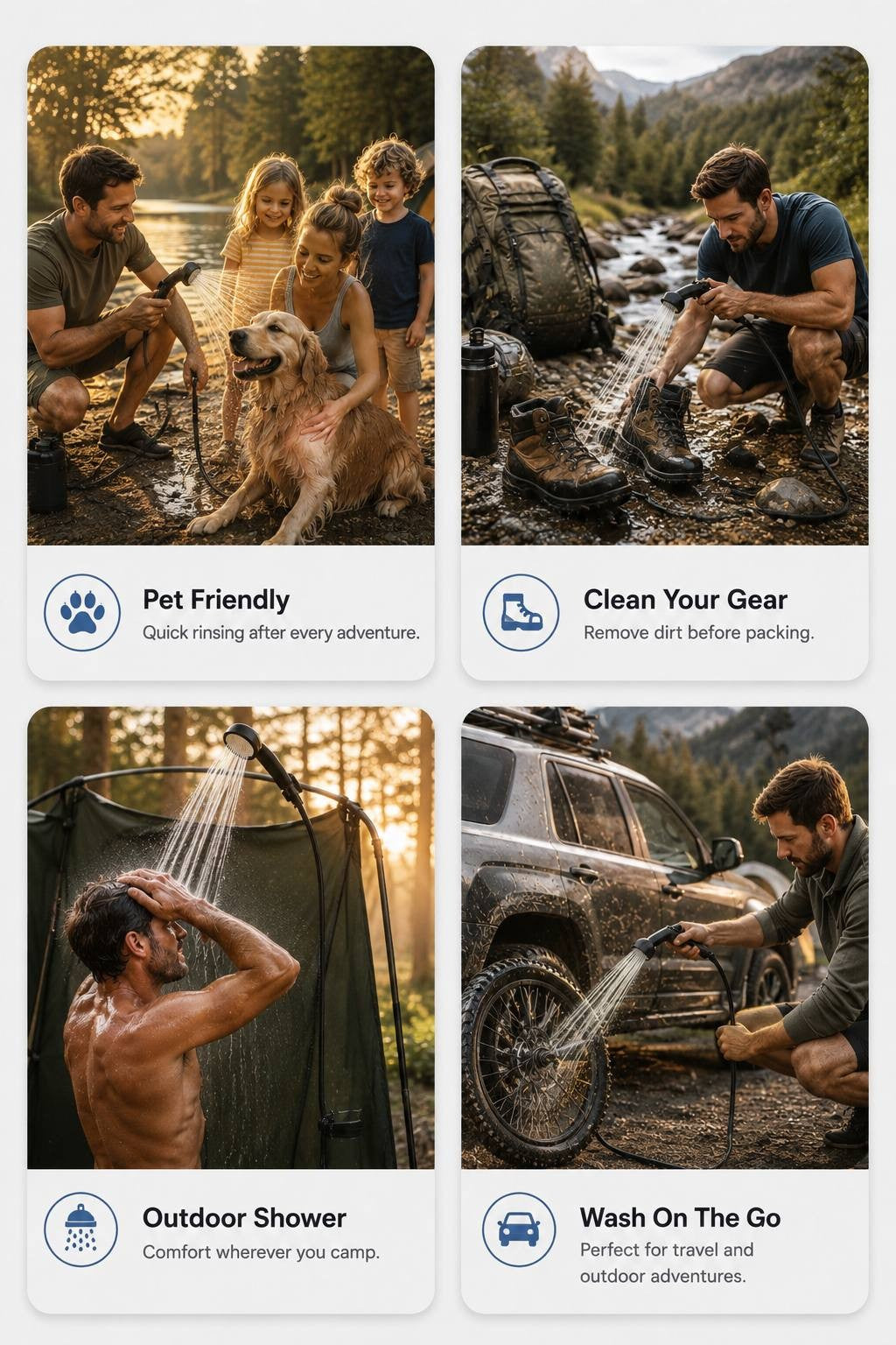 Four-panel image showing various uses of a portable camping shower: rinsing a dog, cleaning hiking boots, taking an outdoor shower, and washing a car wheel.