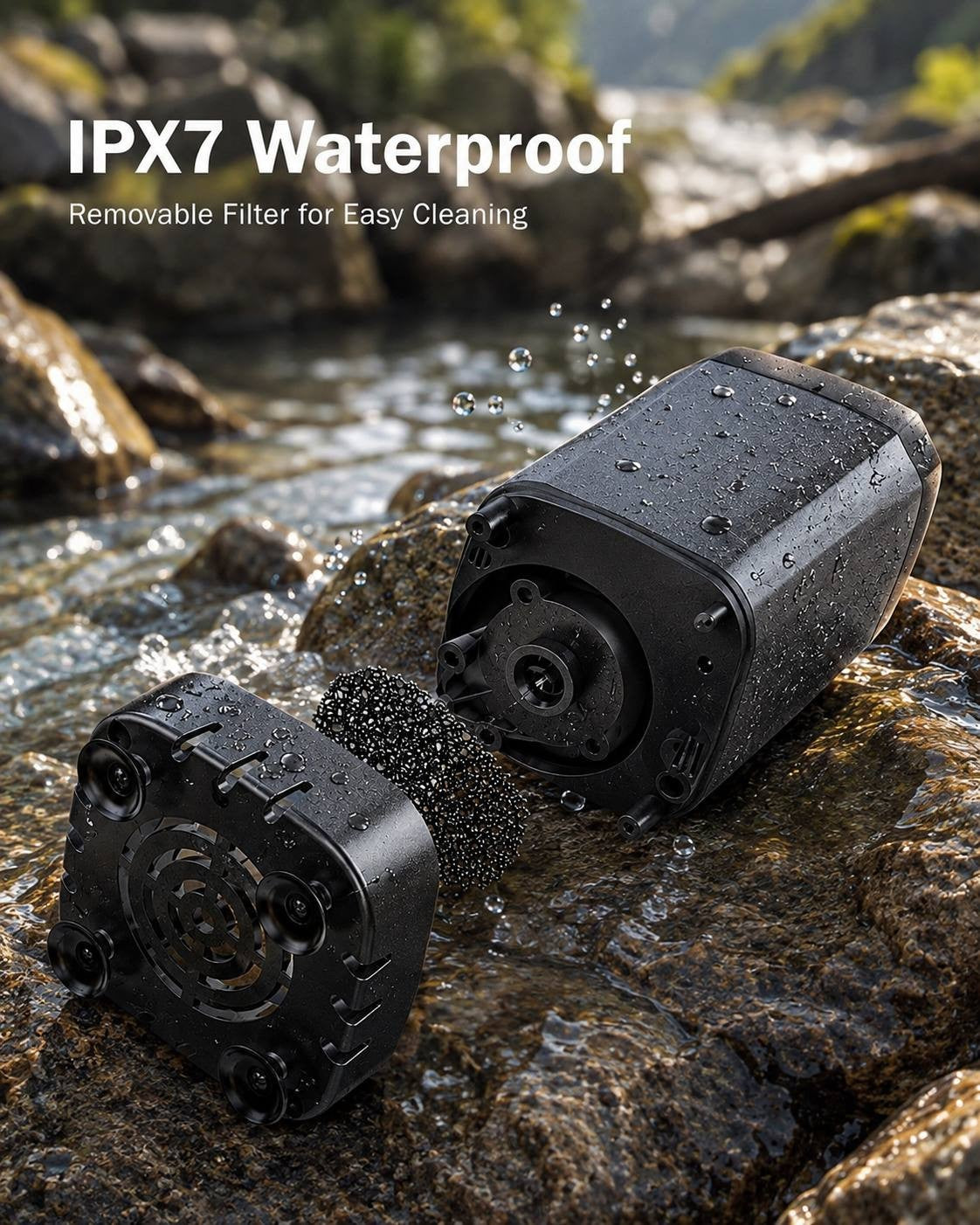 Disassembled pump of a portable camping shower showing the removable black sponge filter for easy cleaning, set against wet river rocks.