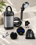 Portable camping shower kit with water running from the shower head, alongside a pump, digital control screen, and accessories on a light background.