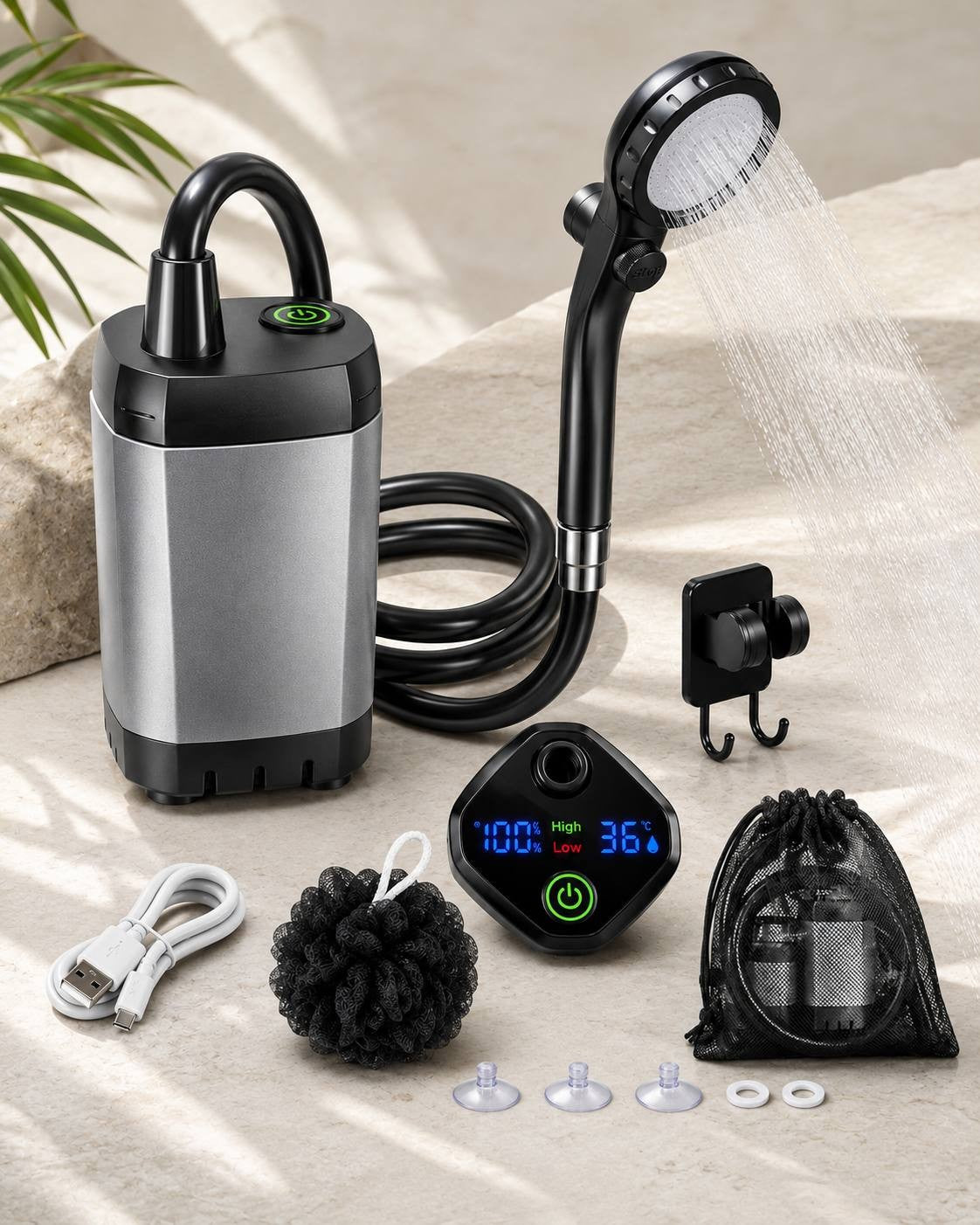 Portable camping shower kit with water running from the shower head, alongside a pump, digital control screen, and accessories on a light background.