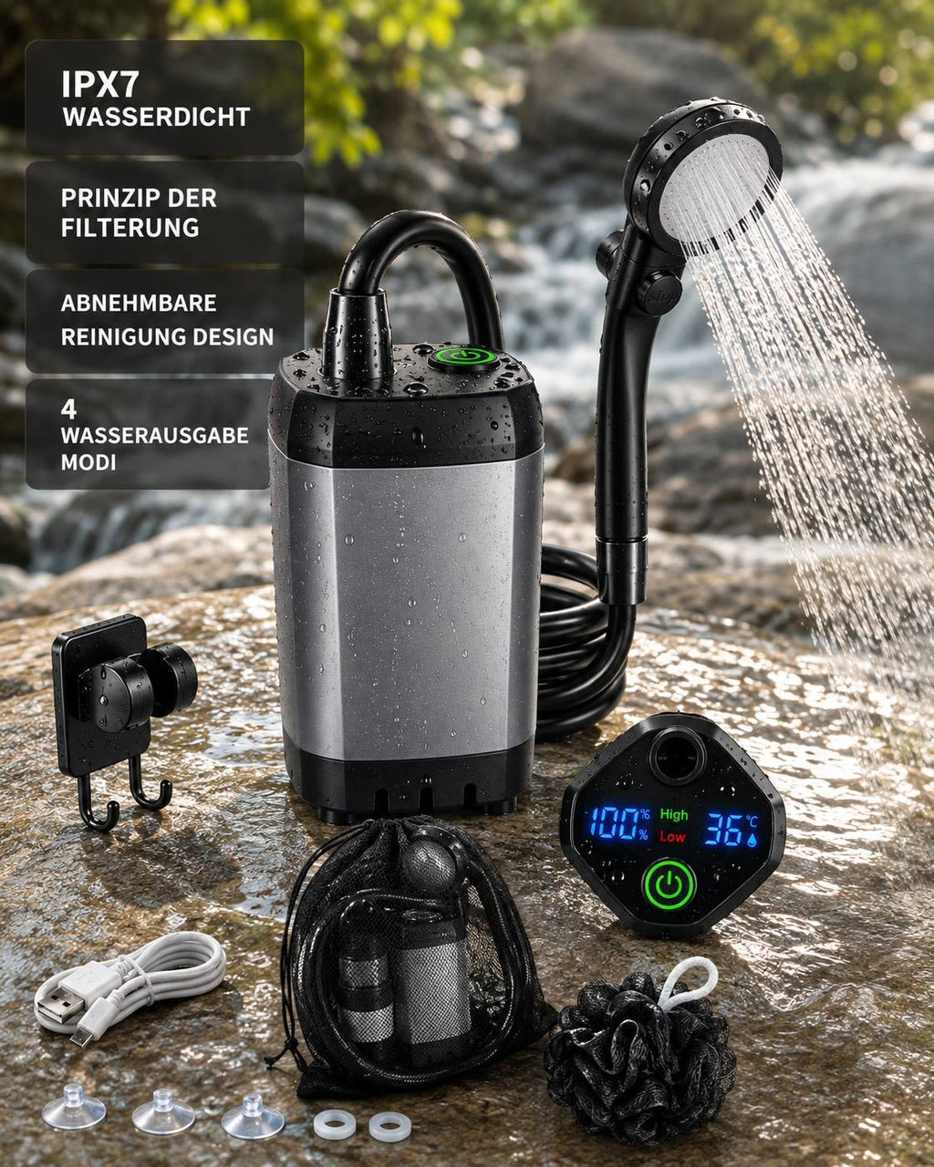 Portable camping shower with water spraying from the head, placed on wet rocks next to a mountain stream, featuring a digital screen and waterproof design