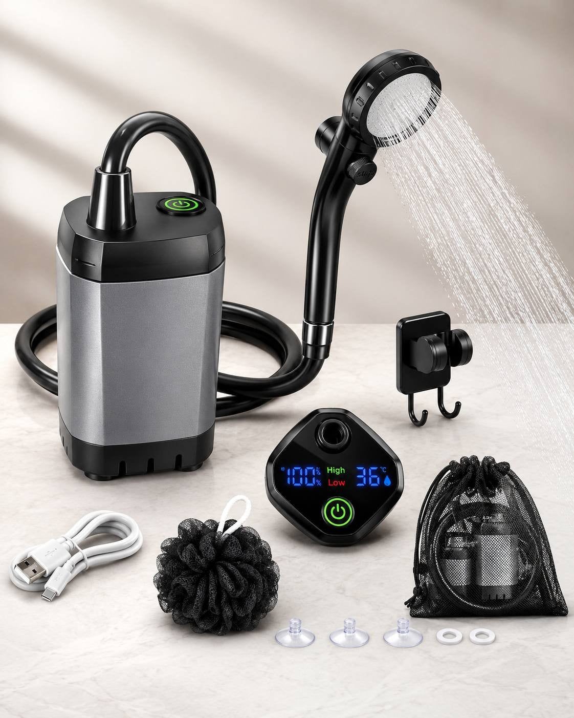 Portable camping shower kit featuring a digital display screen positioned above the pump, shower head, and various accessories on a light background.