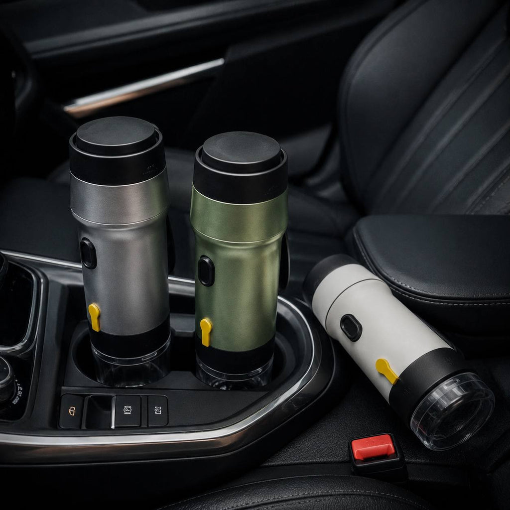 Three portable travel espresso makers in silver, olive green, and white colors placed in a car cup holder and leather seat.