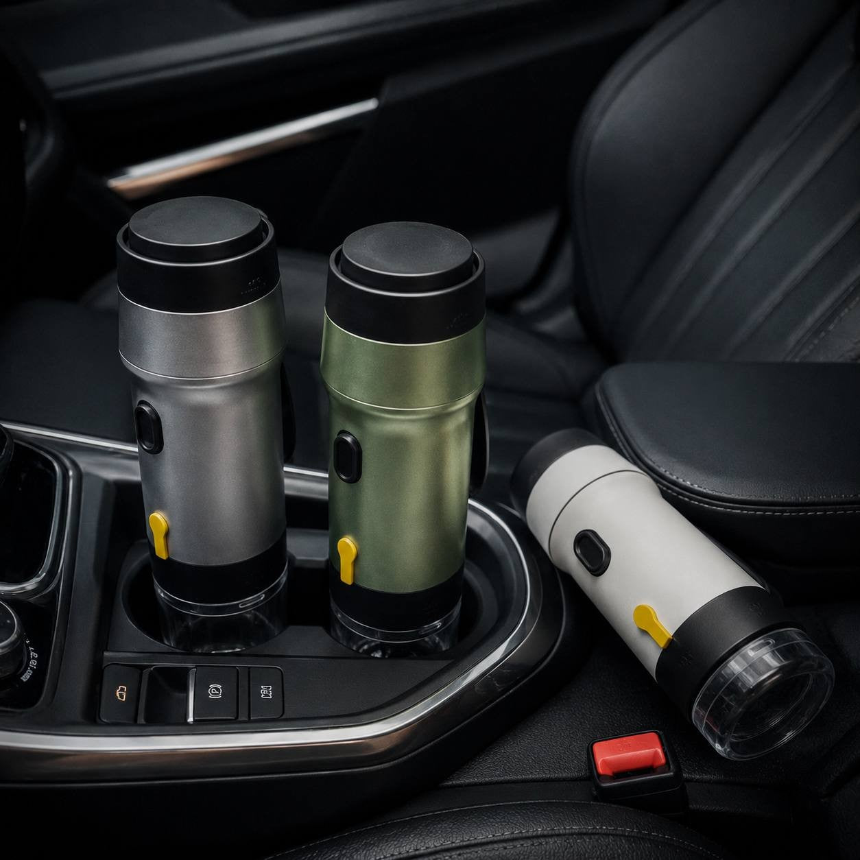 Three portable travel espresso makers in silver, olive green, and white colors placed in a car cup holder and leather seat.