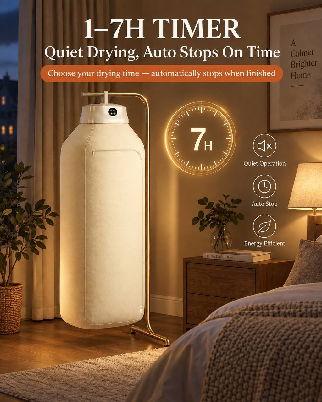 Evening lifestyle photo in a cozy bedroom showcasing the portable clothes dryer with a 1–7H timer, quiet operation, auto-stop, and energy efficiency.