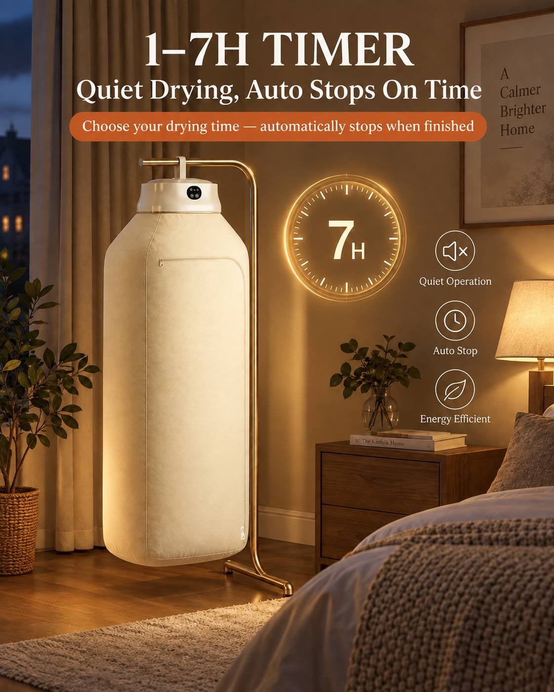 Evening lifestyle photo in a cozy bedroom showcasing the portable clothes dryer with a 1–7H timer, quiet operation, auto-stop, and energy efficiency.