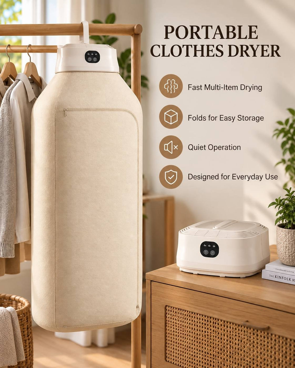 Promotional feature graphic highlighting the portable clothes dryer's fast multi-item drying, fold-for-storage design, quiet operation, and everyday suitability.
