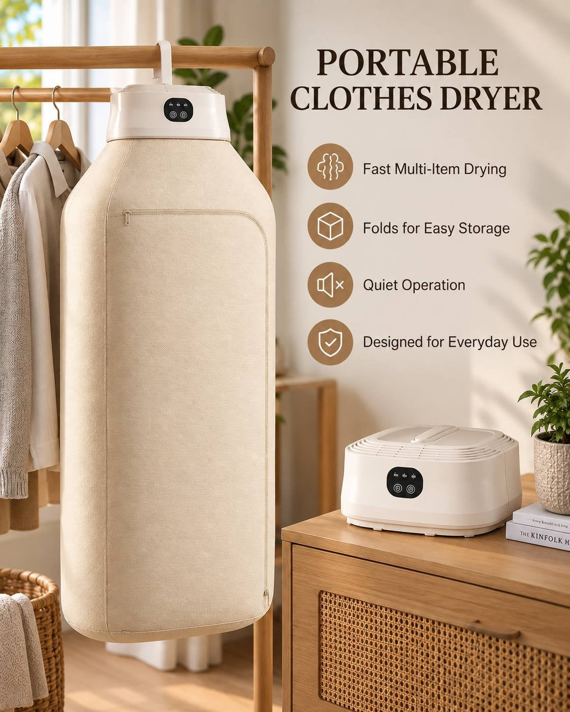 Promotional feature graphic highlighting the portable clothes dryer's fast multi-item drying, fold-for-storage design, quiet operation, and everyday suitability.